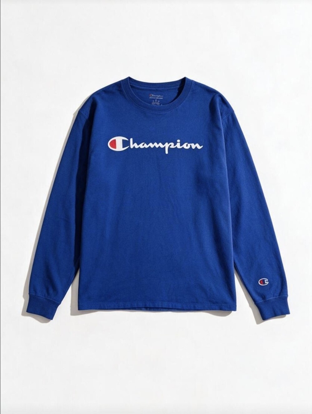 Champion Men's L Blue Long Sleeve T-Shirt Spellout Logo Athletic Cotton Tee